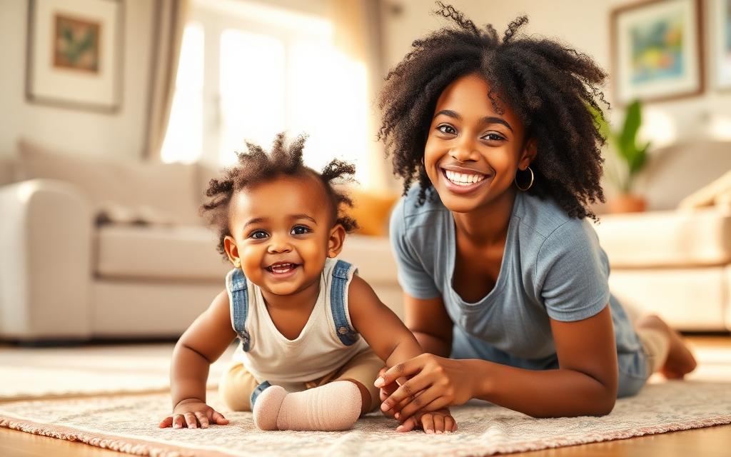 Teenage babysitter playing on the floor with a smiling toddler