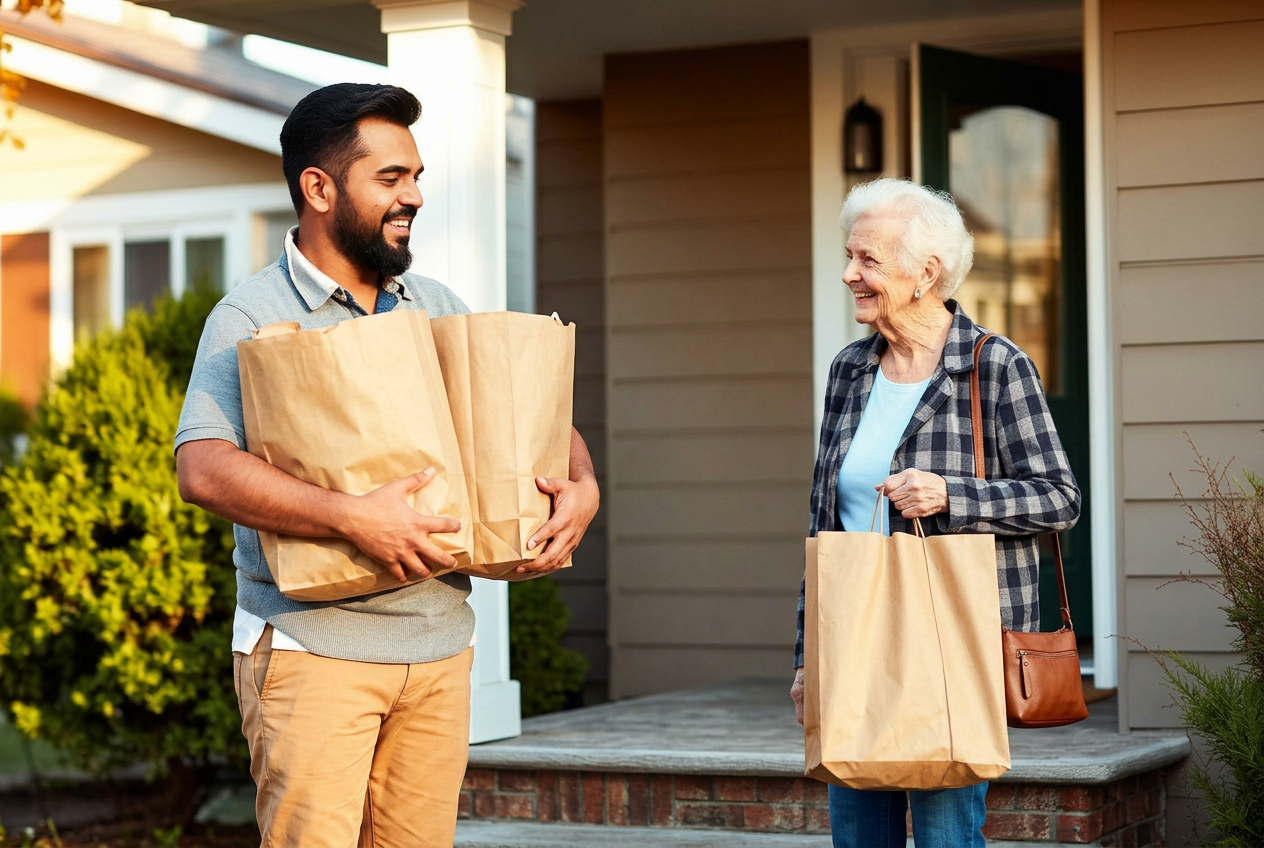 Neighbor helping an older resident carry groceries up to her porch