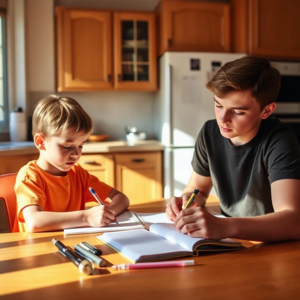 Older student tutoring a younger neighbor at a kitchen table