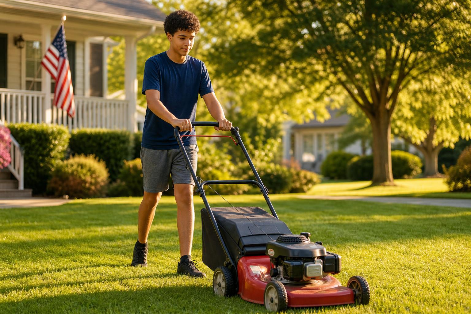 Teen mowing a sunny green lawn